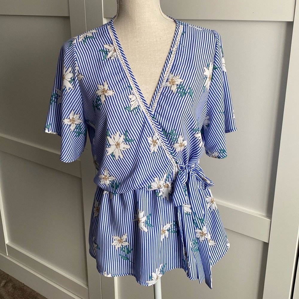 Blue Floral Wrap Blouse